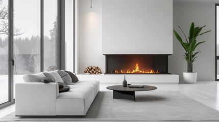 modern interior inviting minimalist contemporary living room with panoramic window and statement fireplace in grey