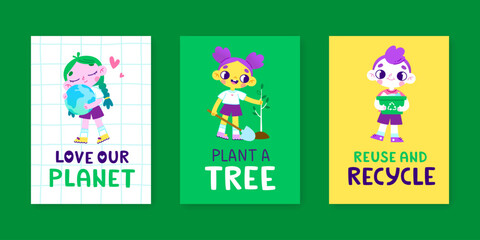 Ecological poster set with cartoon kids. Vector environmental banner collection about saving earth.