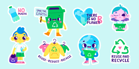 Cartoon sticker set about recycling for kids. Vector ecology sticker collection with cute characters.