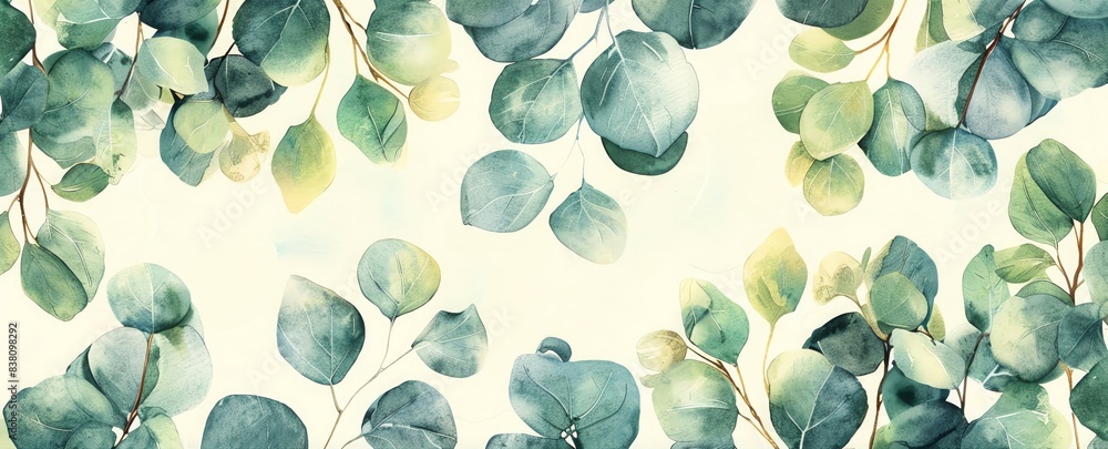 Poster a watercolor background with overlapping eucalyptus leaves creating a soft border, leaving a clear s