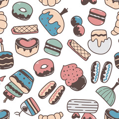 Cute doodle print of baked goods, desserts and sweets. Hand drawn colored tasty treats background. Seamless pattern with pie, cake, cupcake, donut, croissant, bagel, vector graphics