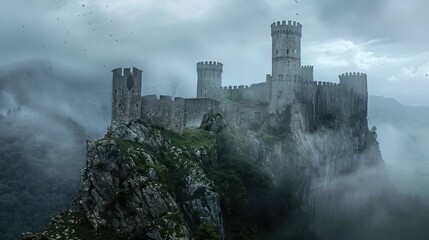 Naklejka premium Mystical Ancient Castle on Hilltop Surrounded by Misty Valleys - Photorealistic Medieval Architecture with Majestic Ambiance