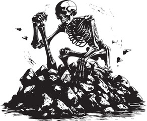 Bone Structure and Rock Sleek Graphic Illustration Creepy Skeleton on Stone Minimalist Iconography