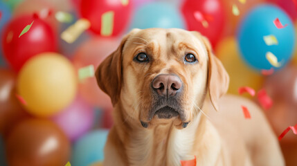 Portrait of a dog with balloons and confetti in the background, front view
