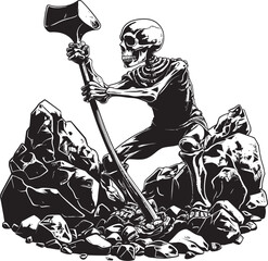 Skeleton Design with Rock Elegant Icon Art Skull and Stone Whimsical Logo Symbol