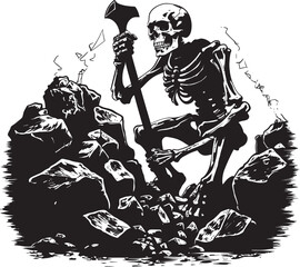 Skeleton on Boulder Artwork Contemporary Icon Design Bony Hand on Stone Surface Chic Logo Art