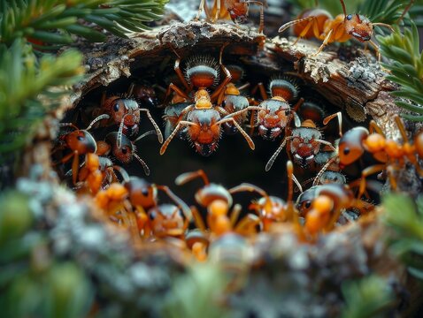 Close-up view of a busy ant colony working in their nest among greenery, displaying detailed teamwork and natural behavior.