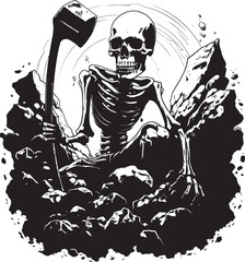 Skeleton Hammering on Boulder Art Chic Logo Design Bone and Solid Rock Clean Graphic Symbol