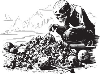 Spooky Skull and Rock Minimalist Vector Art Skeleton Hammering on Boulder Art Chic Logo Design