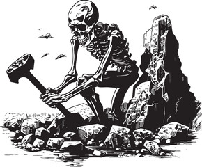 Spooky Skull Hammering Stylish Icon Illustration Bone and Stone Background Minimalistic Logo Concept