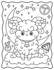 Aries, zodiac sign, cute lamb, moon and stars. Cute animals. Coloring page, book ha, black and white vector illustration.