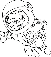 Outlined happy astronaut kid in a space suit presenting with his or her hand, Vector line art illustration coloring page.