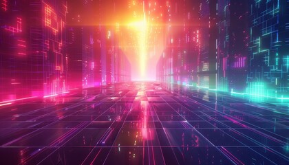 Cyberpunk-style background with digital grids and neon lights