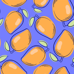 Mango seamless pattern in outline pattern. Hand drawn design for package, textile. Vector illustration on a blue background.