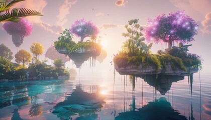 Virtual reality environment with floating islands and neon-colored flora