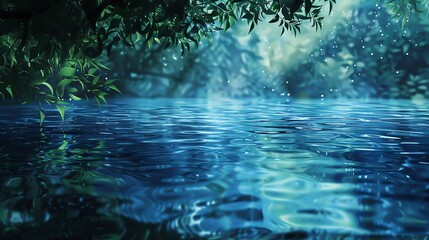 Fototapeta premium Serene water body reflecting lush greenery under a tranquil, blue sky. The calm atmosphere creates a peaceful, picturesque natural scene.