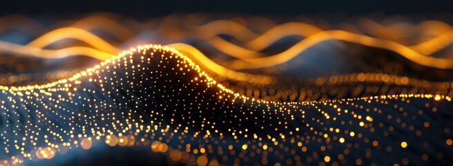 Abstract background with golden dots and waves on black, in the digital technology concept, in the style of artificial intelligence