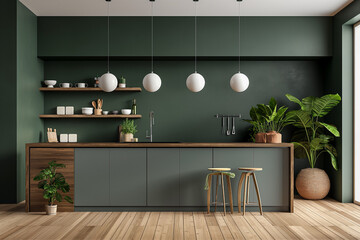 Cozy modern kitchen room interior design with dark green wall
