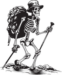 Bone Stick and Rock Stylish Vector Illustration Creepy Skeleton Backpacker Chic Emblem Design