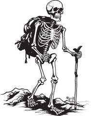 Bone Hiker Elegant Graphic Concept Skeleton Trekking Path Whimsical Vector Design