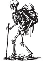 Skeleton with Bag and Walking Stick Clean Vector Symbol Backpacker Skeleton Whimsical Logo Concept