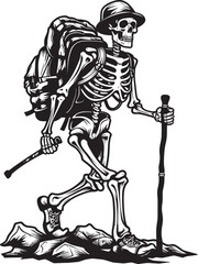 Skeletal Hiker with Stick Elegant Emblem Design Skull and Backpack Modern Symbolic Illustration