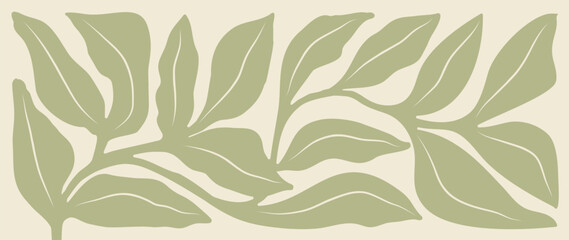 Abstract botanical art background vector. Natural hand drawn pattern design with green leaves branch. Simple contemporary illustrated Design for fabric, print, cover, banner, wallpaper.