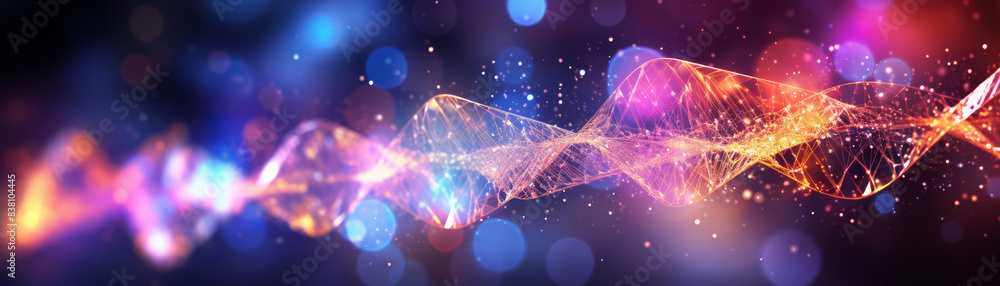 Poster vibrant abstract dna helix with sparkling particles on a colorful bokeh background, symbolizing scie