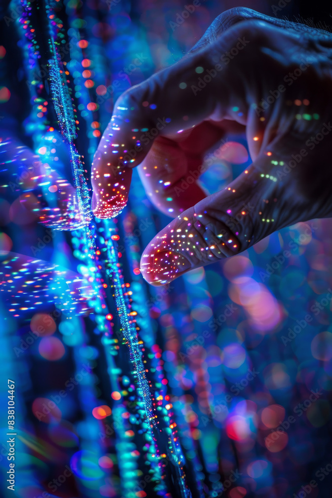 Poster close-up of a hand interacting with a vibrant digital interface, illuminated by colorful light patte