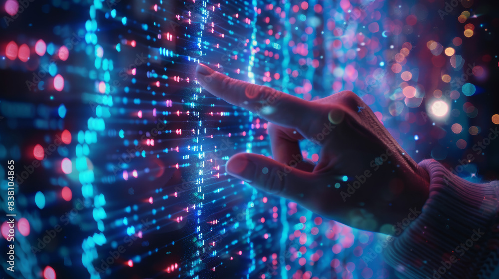 Poster close-up of a hand interacting with a futuristic digital interface displaying vibrant data points an