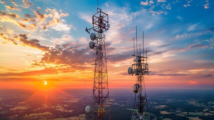 A modern cell tower with several dishes and antennas against the backdrop of blue sky at sunset. A telecommunication structure, with an aerial tower made from steel beams and metal plates.