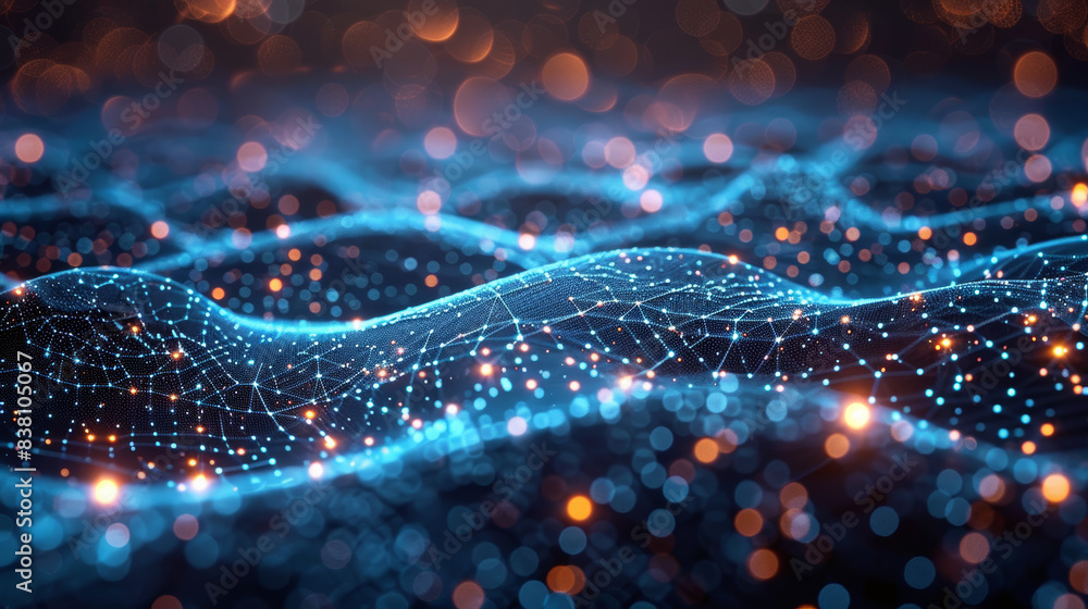 Poster abstract digital landscape with glowing network connections, technology background with blue and ora