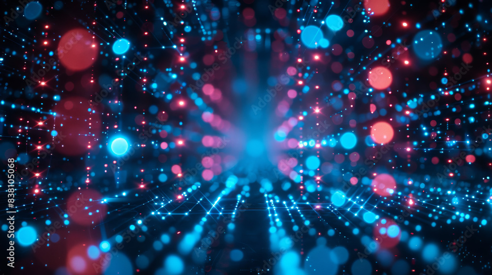 Poster vibrant futuristic digital background with glowing blue and red particles, creating a dynamic, high-