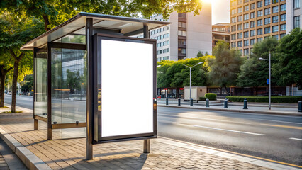 Blank white mockup of vertical advertising billboard at bus stop 