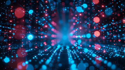 Vibrant futuristic digital background with glowing blue and red particles, creating a dynamic, high-tech atmosphere. Perfect for technology and innovation themes.