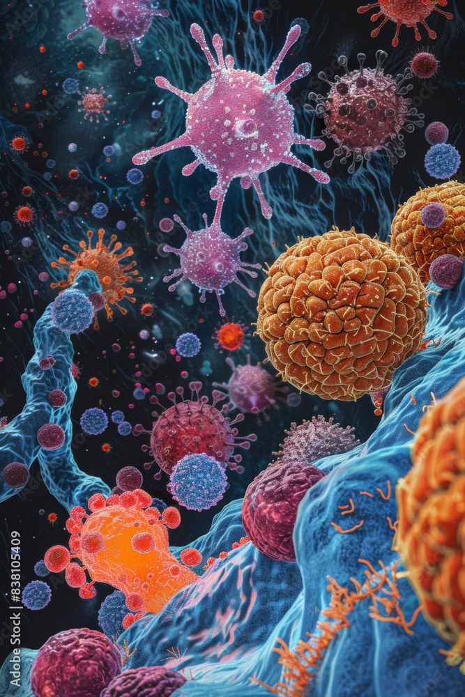 Poster colorful of various viruses under a microscope, showcasing their complex structures in a high-resolu