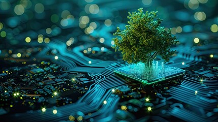 Tree growing on circuit digital board, Digital and Technology Convergence, Green Computing or Green Technology,