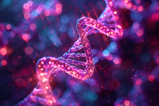 A vibrant, close-up rendering of a DNA double helix structure with glowing purple and pink hues, representing science, genetics, and molecular biology breakthroughs.