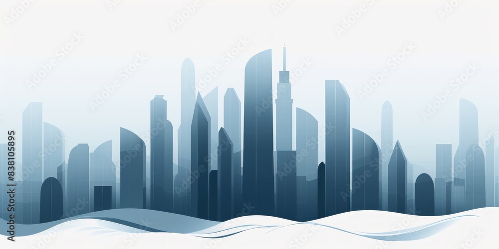 Poster a minimalist illustration depicting a cityscape emerging from a background of white clouds. the buil