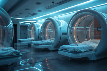 Obraz premium Futuristic sleep pods with modern lighting in a high-tech facility, offering a glimpse into innovative sleeping solutions for futuristic living.