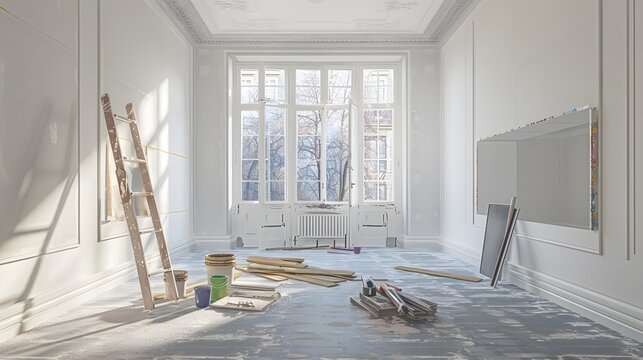 An empty room undergoing home renovations, with plasterboard walls and light grey floors being painted white.