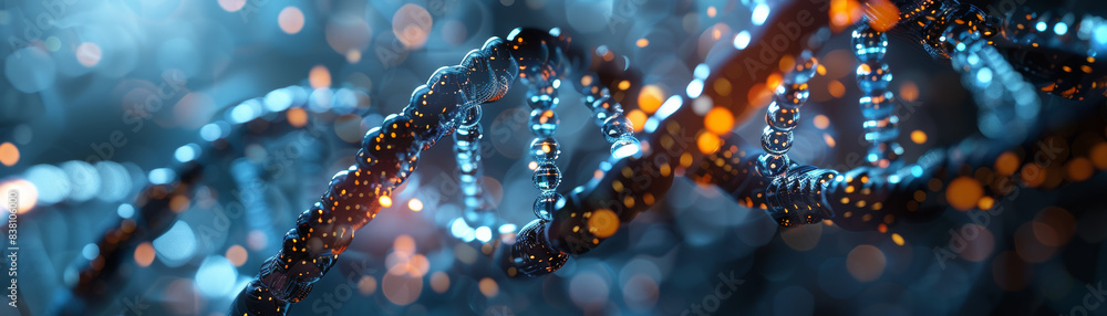 Poster futuristic biotech dna double helix strands with glowing particles, symbolizing genetic research and