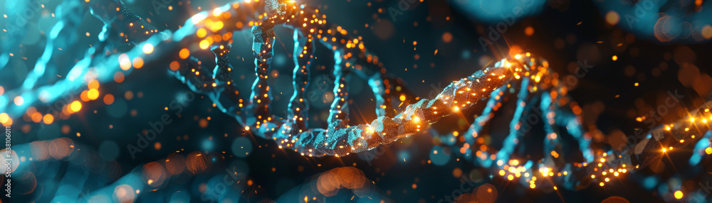 Poster a close-up of a digital representation of dna strands with glowing particles and bokeh effect, symbo