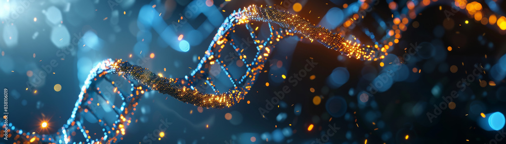 Poster abstract image of a dna double helix lit with blue and orange light. the intricate details are highl