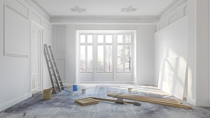 An empty room undergoing home renovations, with plasterboard walls and light grey floors being painted white.