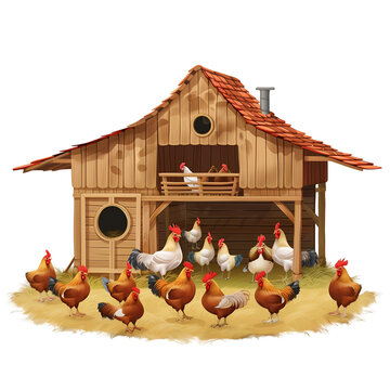 recommend clip art: Rustic Wooden Chicken Coop With Roosters and Hens in a Barnyard Setting, Isolated on a Transparent Background, Graphic Resource