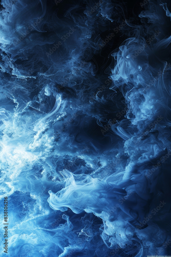 Poster abstract blue smoke swirling on a dark background, creating a mysterious and mesmerizing visual effe