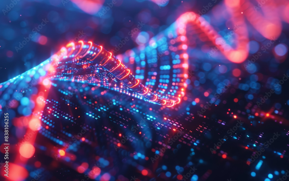 Poster abstract digital landscape with dynamic glowing lines and dots in blue and red hues, representing da