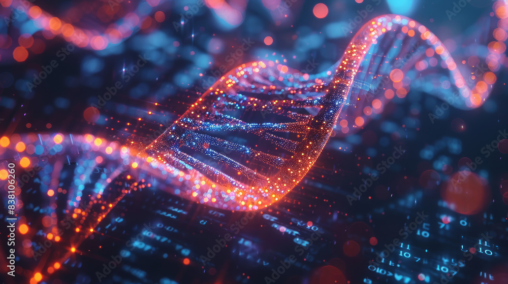 Poster glowing digital dna strand with binary code background, highlighting the fusion of technology and bi