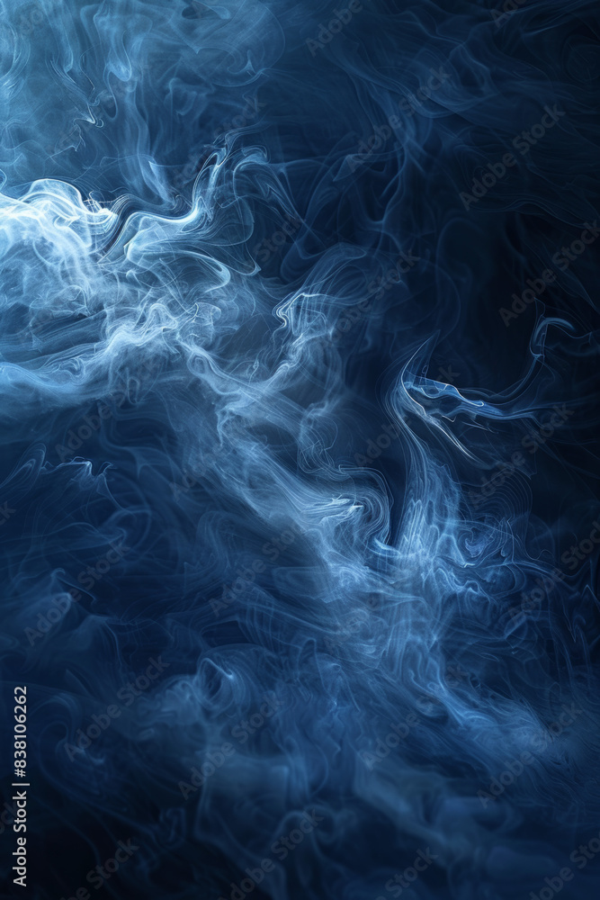 Poster abstract image of swirling blue smoke against a dark background. curved, wispy patterns create an et